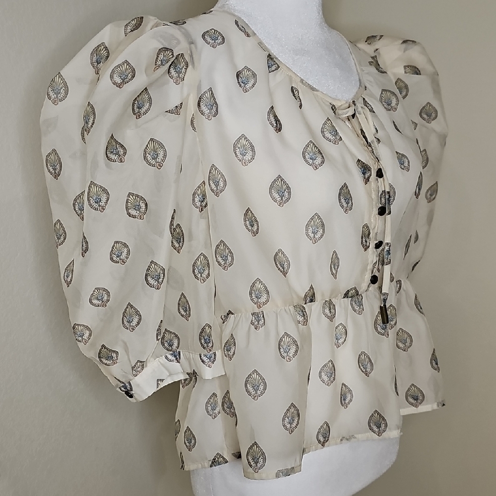 Anthropologie Sheer Puff Sleeve Leaf Print Blouse Women's Medium - Picture 7 of 11